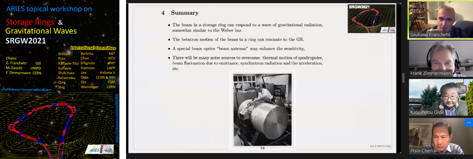 Poster of the ARIES SRGW2021 workshop, and zoom snapshot taken during the presentation by Katsunobu Oide, with two of the workshop organisers, the speaker, and session chair Pisin Chen.